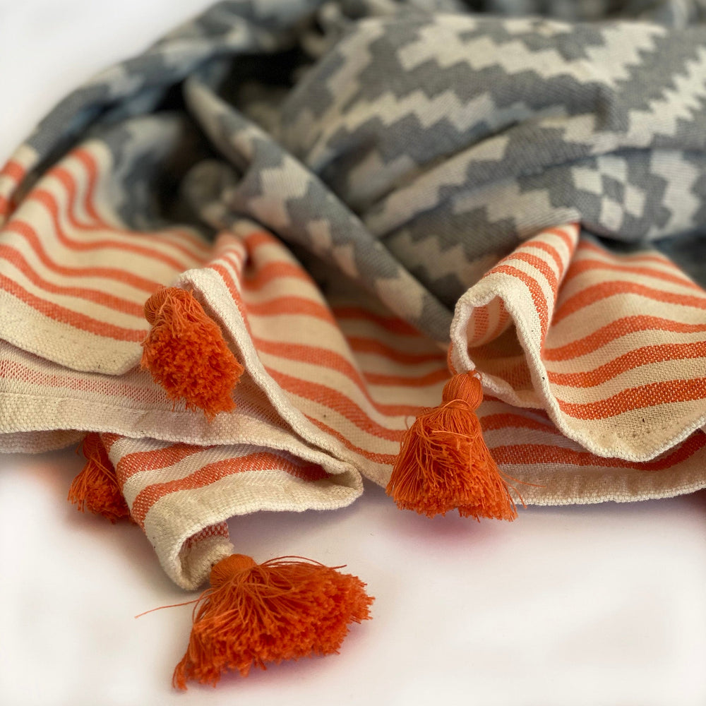 
                  
                    Merida Gray - Orange Turkish Towel / Blanket by Hilana Upcycled Cotton
                  
                