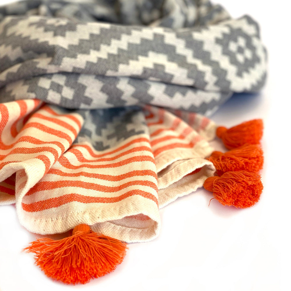 
                  
                    Merida Gray - Orange Turkish Towel / Blanket by Hilana Upcycled Cotton
                  
                