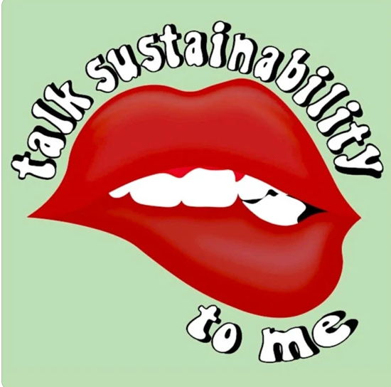 logo for podcast "talk sustainability to me" shows an illustration of a mouth with red lips biting the bottom lip to imply sexiness