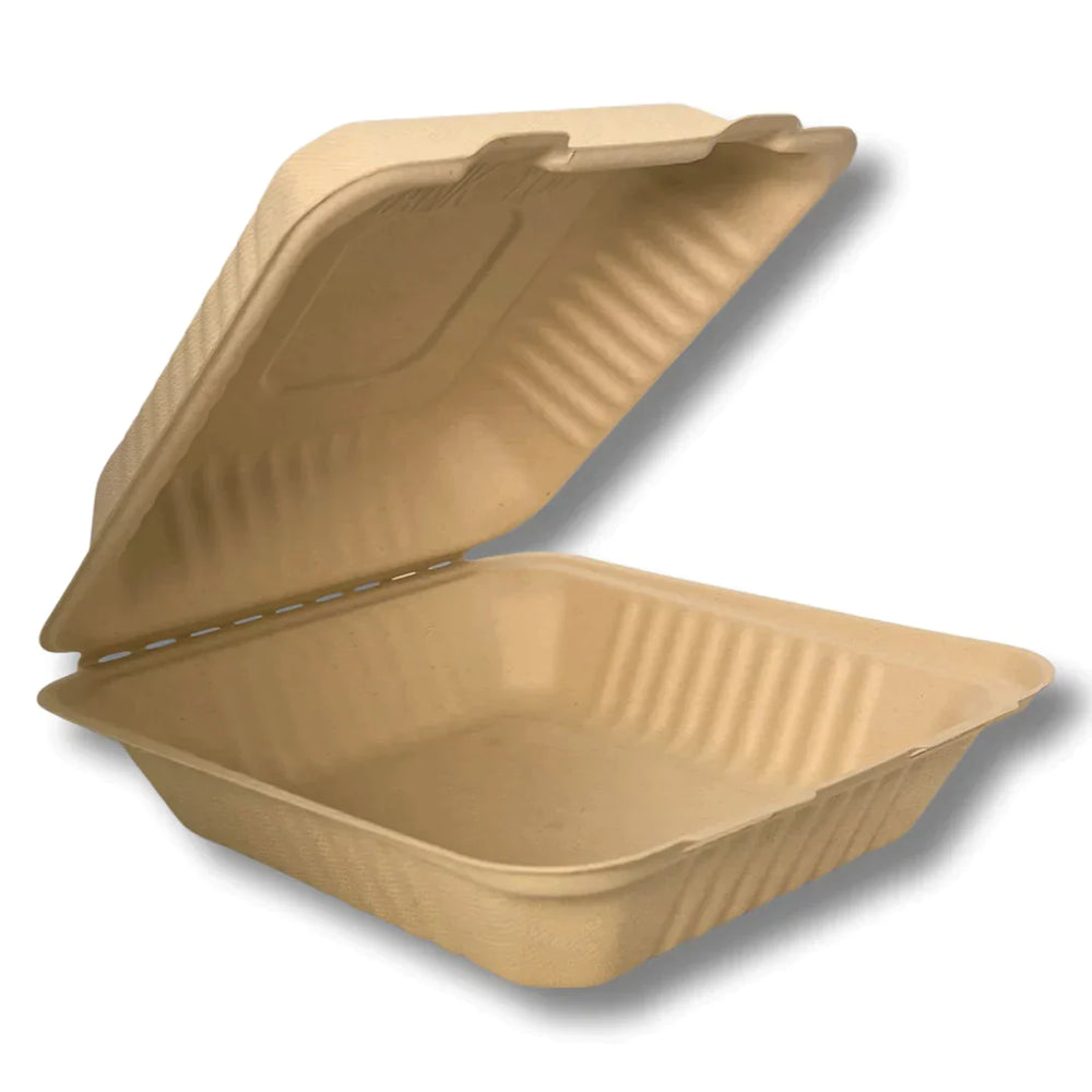 9 X 9 INCH 100% COMPOSTABLE MOLDED FIBER HINGED CONTAINER (NO PFAS-ADDED)