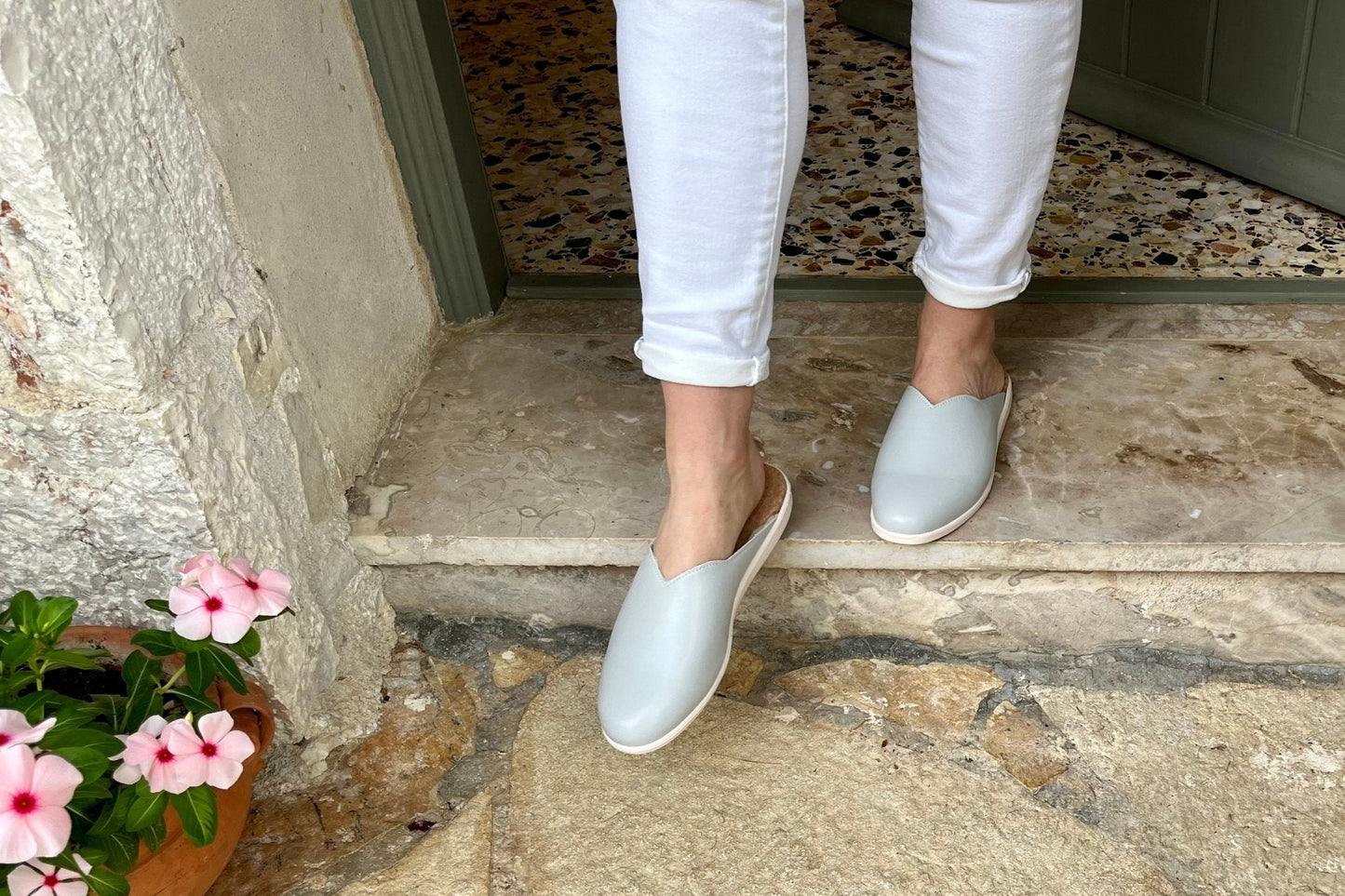 
                  
                    Plant-Based & Recycled Material Blue Grey House Mules by Dooeys
                  
                
