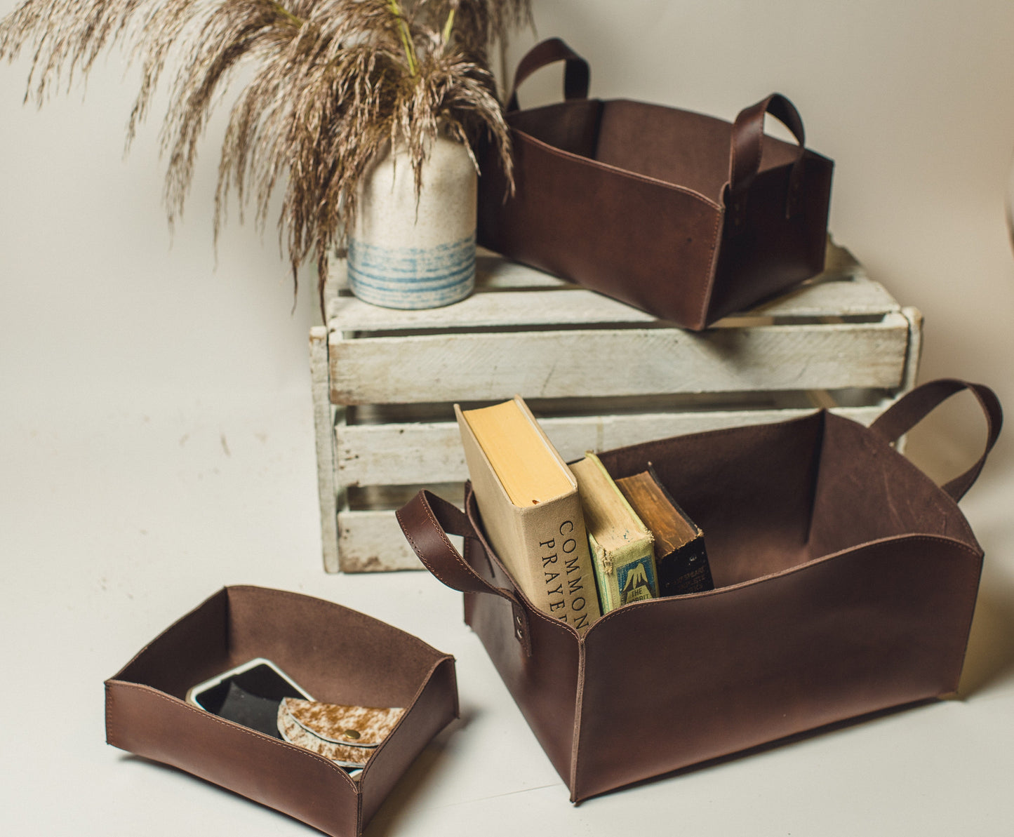 
                  
                    Leather Storage Bins in Distressed Walnut
                  
                