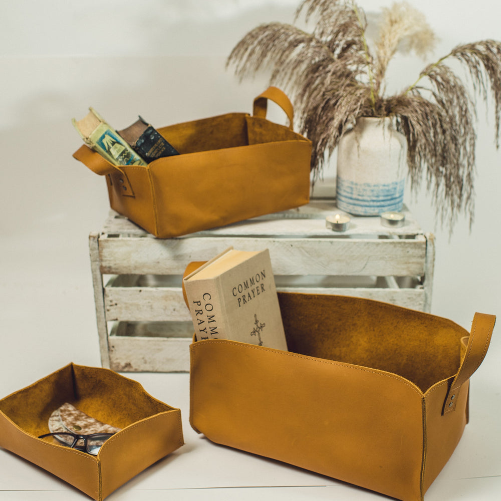 Leather Storage Bins in Camel