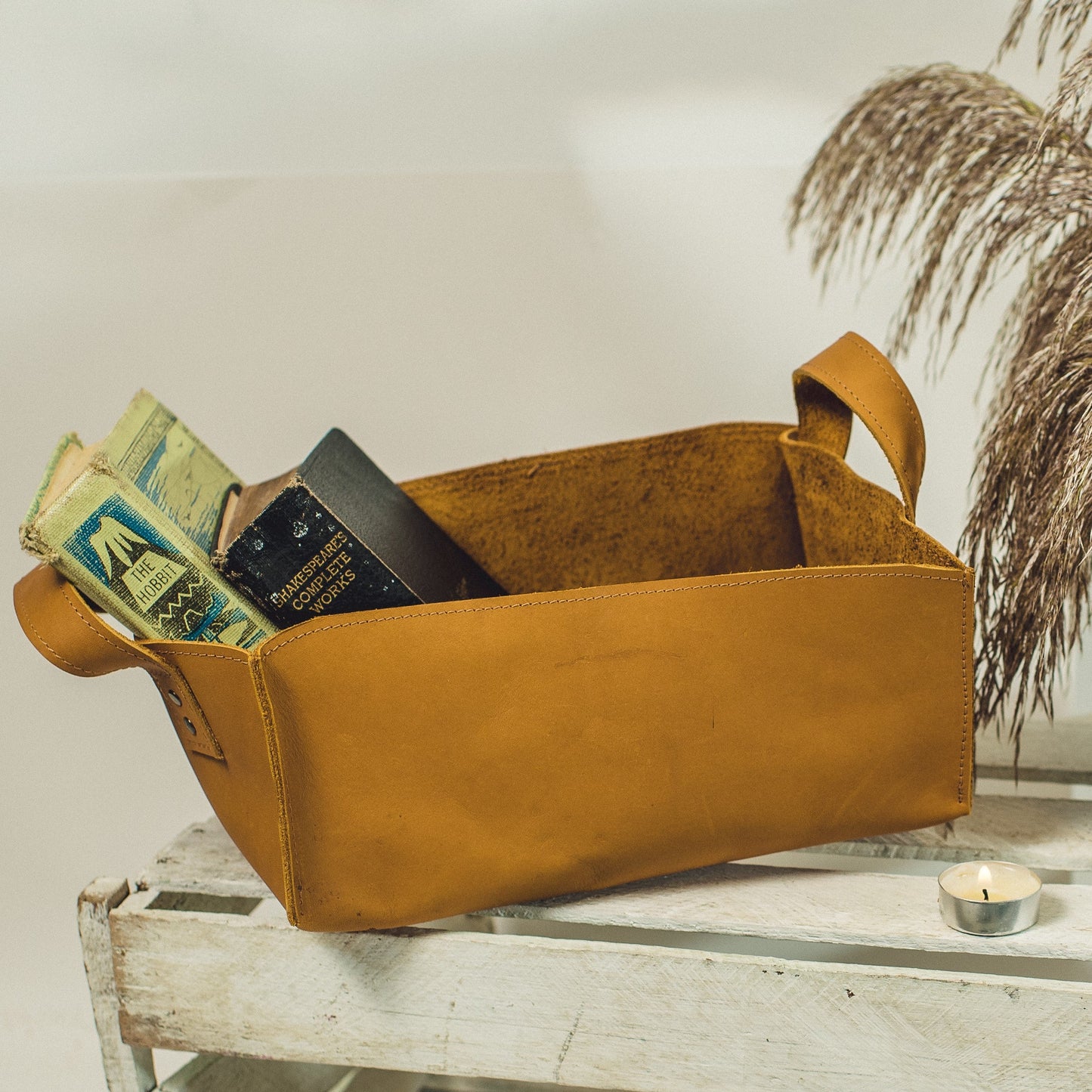 
                  
                    Leather Storage Bins in Camel
                  
                