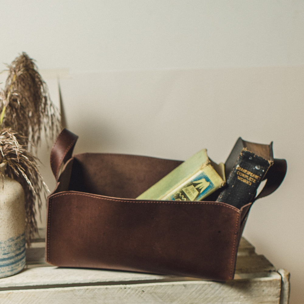 
                  
                    Leather Storage Bins in Distressed Walnut
                  
                