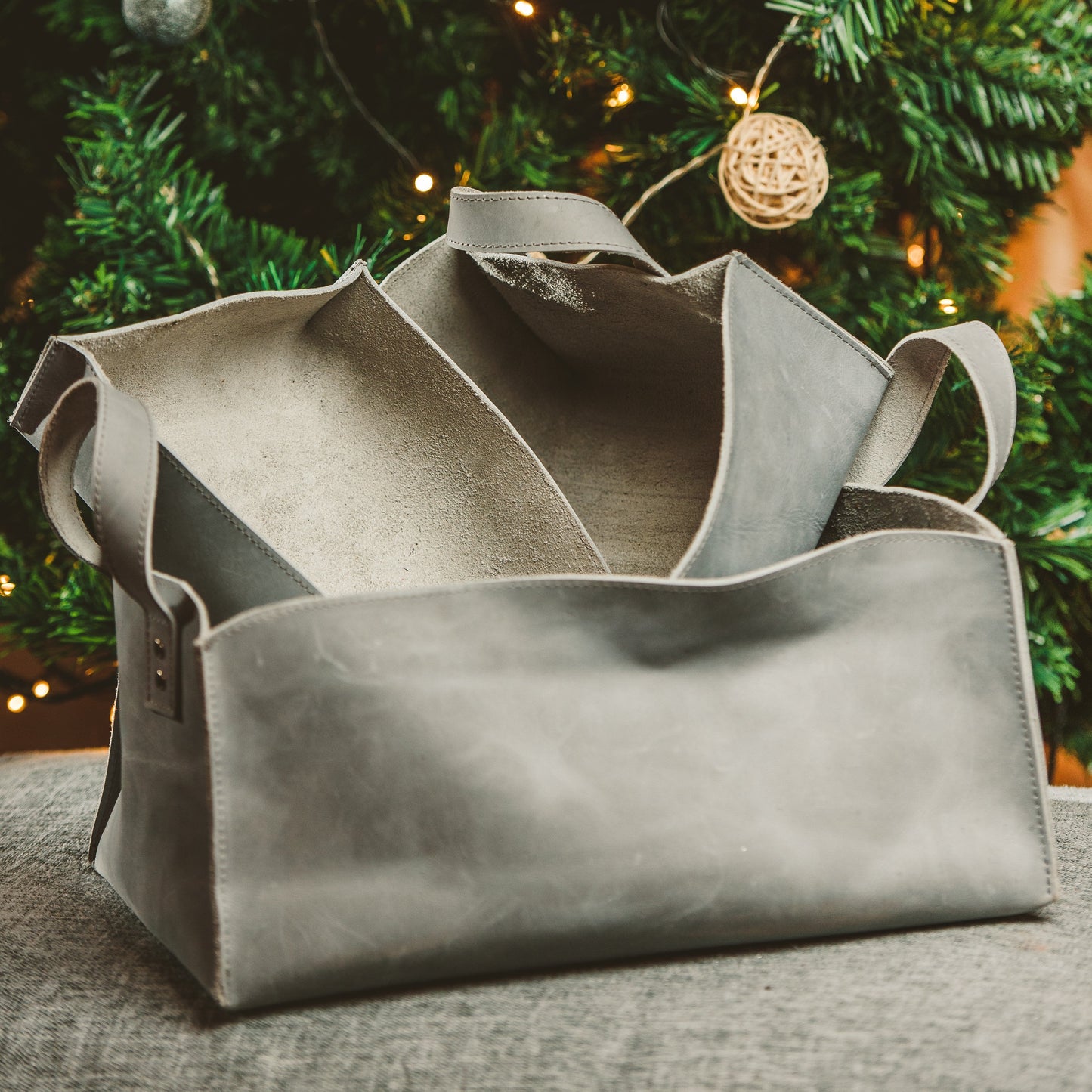 
                  
                    Leather Storage Bins in Glacial Gray
                  
                
