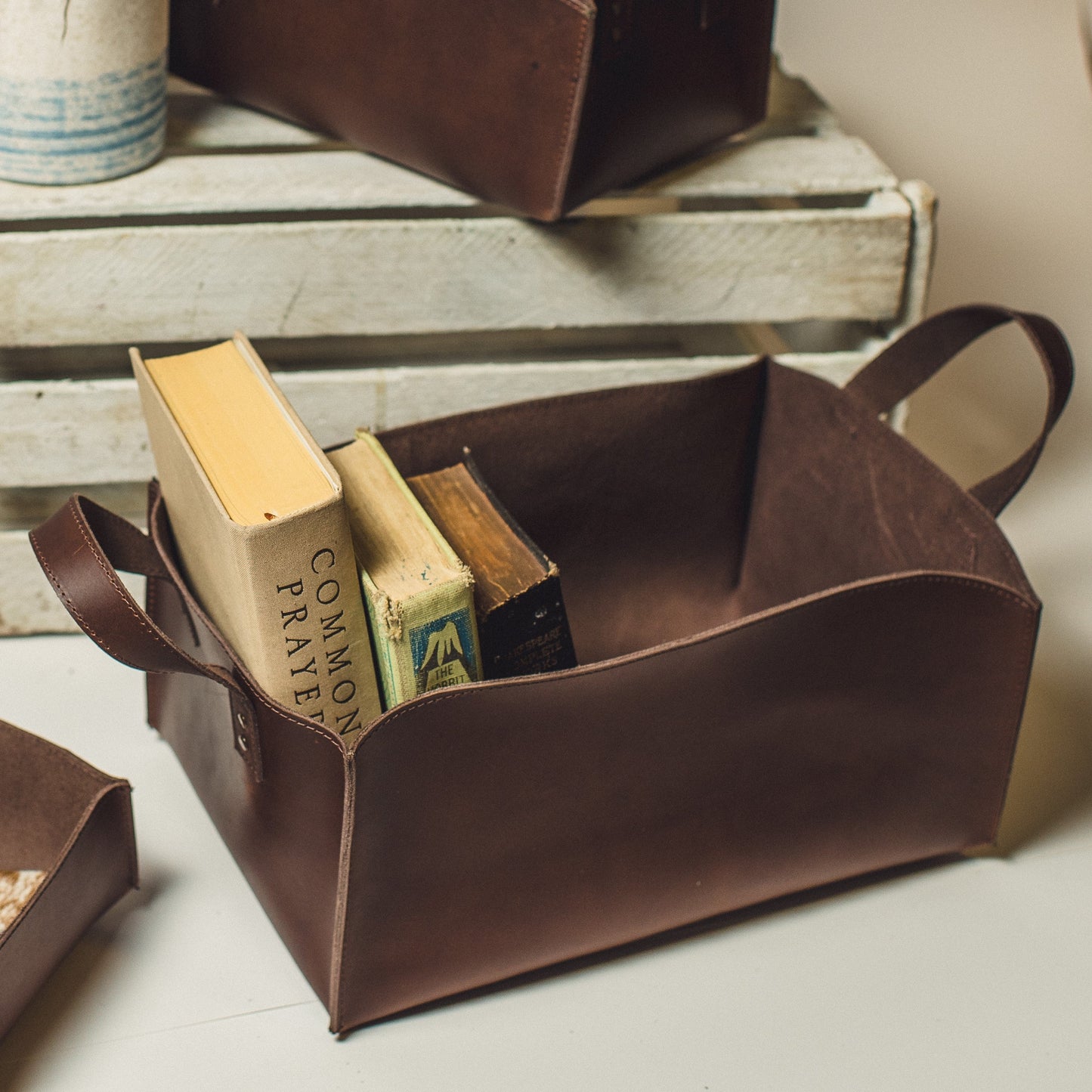 
                  
                    Leather Storage Bins in Distressed Walnut
                  
                