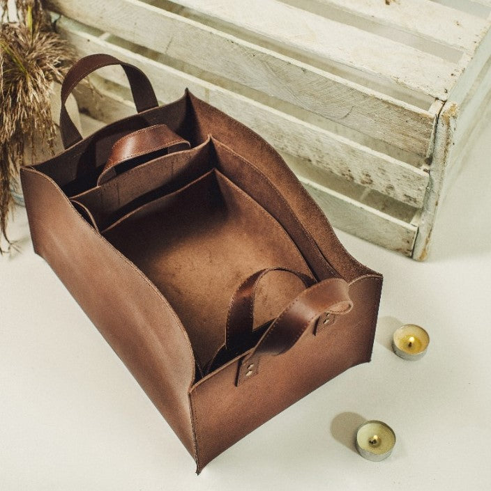 
                  
                    Leather Storage Bins in Distressed Walnut
                  
                